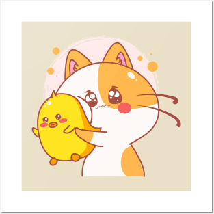 Cute Cat Little Duck Kawaii Cartoon Animals Posters and Art